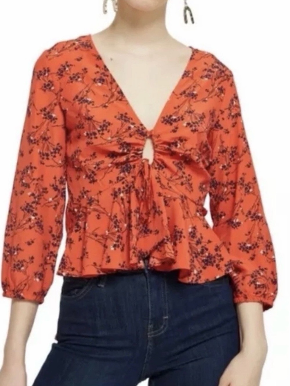Top shop orange peplum floral blouse cropped top bell sleeve Fall Size 4